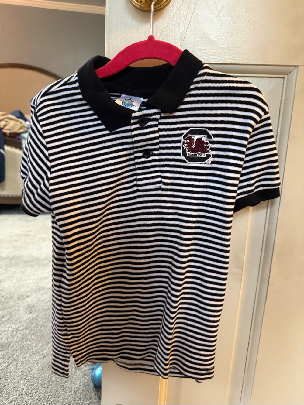Black & White Stripe Kids Polo Shirt with Embroidered Gamecock. USC VGUC